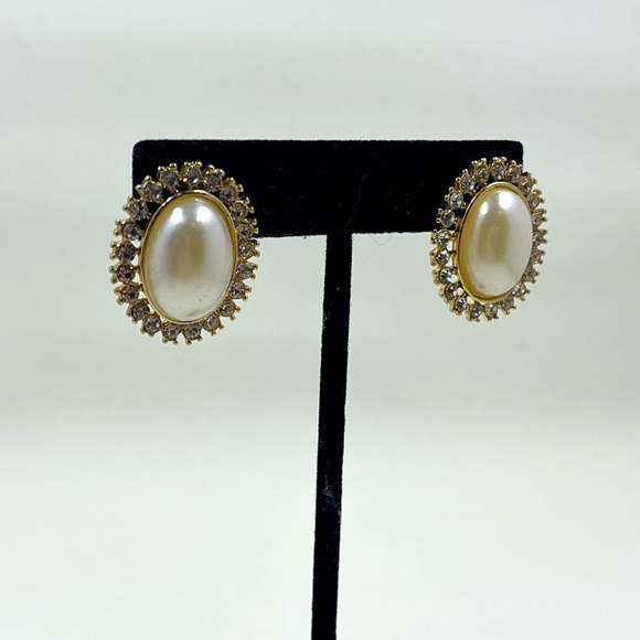 Gorgeous Vintage Y2K Pearl and Rhinestone Large Halo Style Earrings - Picture 1 of 6